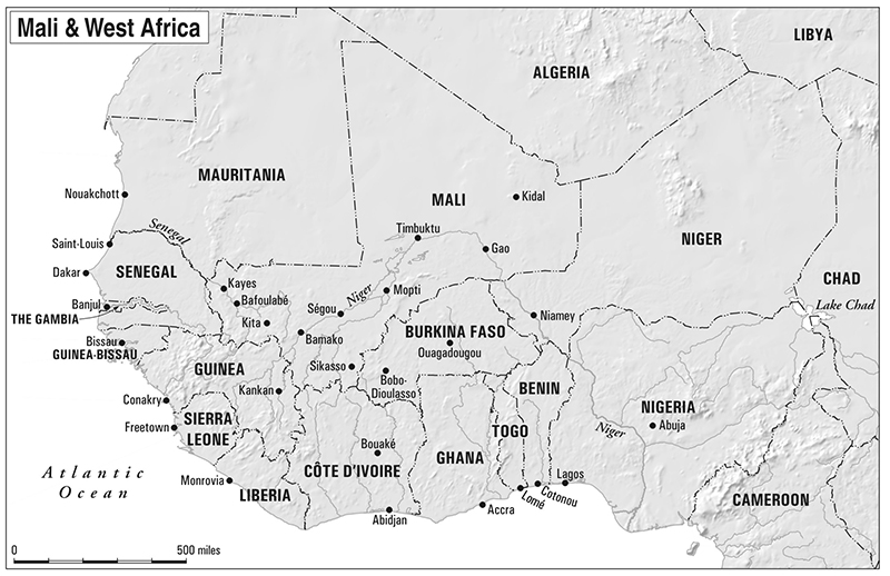 Mali and West Africa. Map design by Philip Schwartzberg.